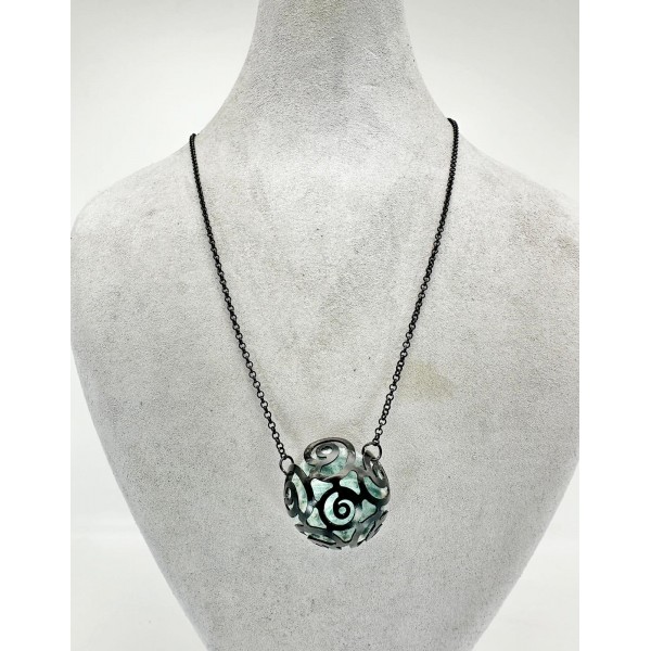 Siyah Zincirli Mavi Mermer Desenli Doğal Taş Kolye